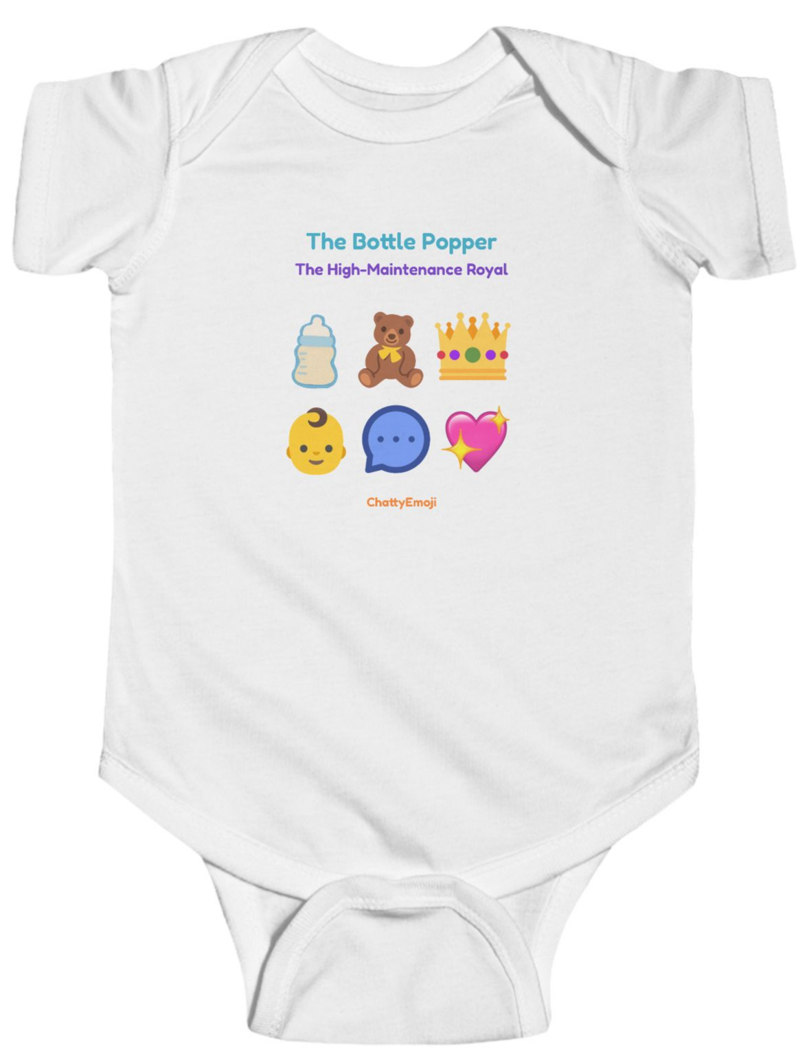 The Bottle Popper onesie with emoji sequence 🍼🧸👑👶💬💖
